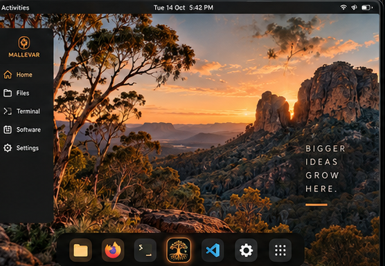 Mallevar OS desktop: a Plasma workspace with the Mallevar dock, Files, Terminal, Software and Settings, over an Australian bush sunset wallpaper.